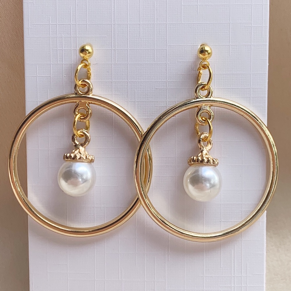 Golden Hoops with Dangling Pearl Charms